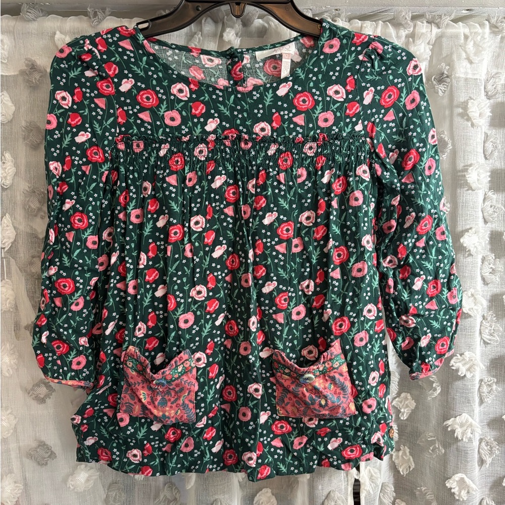 Matilda Jane Green Floral Smocked Blouse with Pink Accents